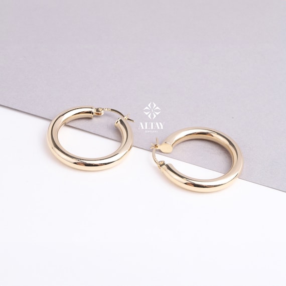 14K Gold Round Hoop Earrings, Classic Hoop Earrings, 15mm Shiny Hoops, Classic Jewelry Handmade, Lightweight Hoops