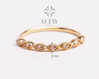 14K Gold Half Eternity Ring, Art Deco Wedding Band Ring, Marquise Band Wedding Ring, Delicate Engagement Band, Stacking Promise Ring