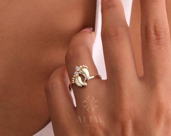 14K Gold Baby Feet Ring, Personalized Name Band, Birthstone Footprint Ring, Custom Engraved Newborn Ring, New Mom Gift