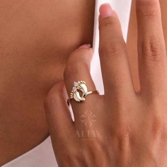 14K Gold Baby Feet Ring, Personalized Name Band, Birthstone Footprint Ring, Custom Engraved Newborn Ring, New Mom Gift