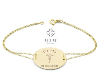 14K Gold Medical Alert ID Bracelet, Personalized Engraved Emergency Bracelet, Initial Number, Disc Bracelet, Disk Tag Women Men Bracelet