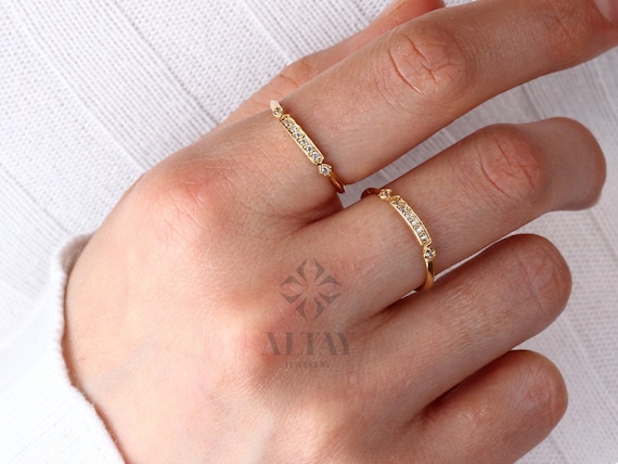 14K Gold Vintage Diamond Ring, Vintage Style Solid Gold Stackable Ring, Dainty Gold Elegant Ring, Art Deco Wedding Band Ring, Half Eternity
