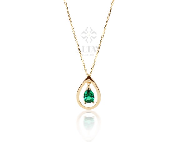 14K Gold Emerald Necklace, Pear Shape Emerald Pendant, Teardrop Green Charm, May Birthstone, Dainty Emerald Necklace, Anniversary Gift