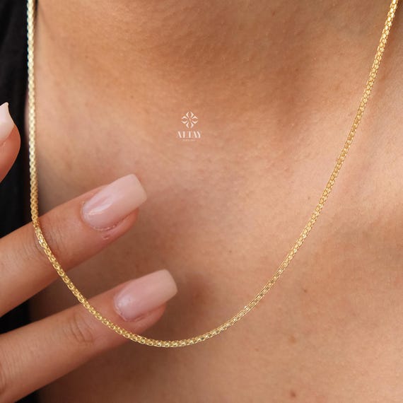 14K Gold Bismark Popcorn Necklace, 2mm Choker Chain, Gold Herringbone Stack Link Chain, Braided Bismark Necklace, Valentine's Day Gift Her