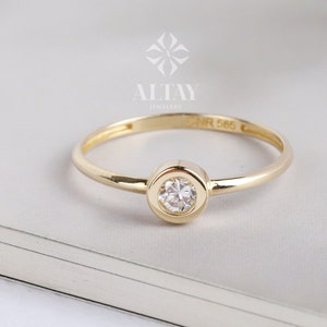 14K Solitaire Ring, CZ Diamond Bezel Ring, Stackable Band Ring, Dainty Promise Ring, CZ Diamond Engagement Band Ring, Round Bezel Set Ring