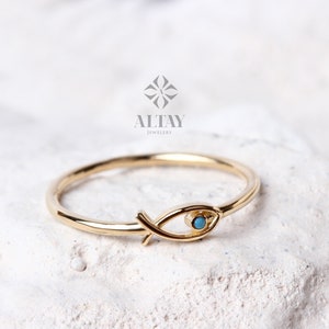 14K Złoty Pierścień Ryba, Minimalistyczny Pierścień Ryby Ichthus, Delikatny Złoty Pierścień Do Układania Z Turkusem, Biżuteria Morska Horoskop, Powodzenia, Prezent Dla Niej