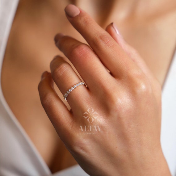 14K Gold Half Eternity Ring, Minimalist Marriage Ring, Multi Stone Bridal Band, Prong Setting Promise Ring, Dainty Stacking Gold Ring