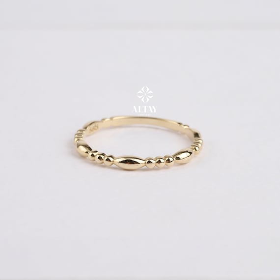 14K Gold Ball Ring, Beaded Knuckle Band, Tiny Bead Ring,  Minimalist Stacking Ring, Oval Bead Eternity Ring, Dainty Wedding Ring, Drop Shape
