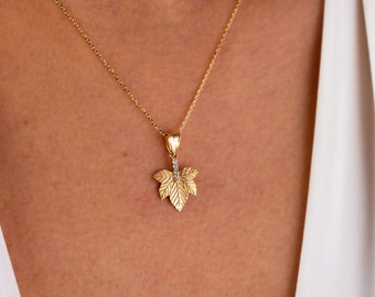 14K Gold Maple Leaf Necklace, Canadian Maple CZ Diamond Pendant Necklace, Canada Leaf Charm, Fall Leaf Jewelry, Dainty Layering Necklace
