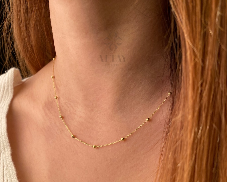 14K Gold Bead Chain Necklace, Mini Balls Necklace, Multi balls Chain Necklace, Minimalist Fashion Necklace, Delicate Modern, Gift For Her image 3