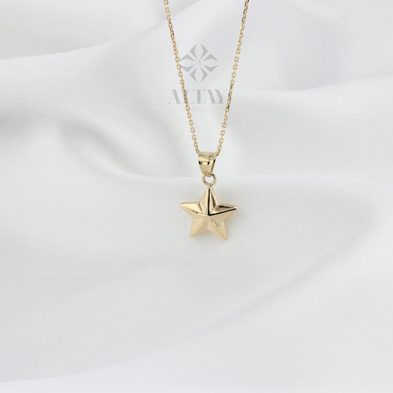 14K Gold Star Necklace, Small Star Pendant, 3D Star Charm Necklace, Stars Dainty Charm, Simple Tiny Necklace, Boho Jewelry, Gift for Her