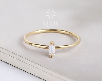 14K Solid Gold Baguette Ring, Stackable Dainty Ring, Minimalist Solitaire Ring, Gift For Her, Vertical Baguette, Engagement Promise ring