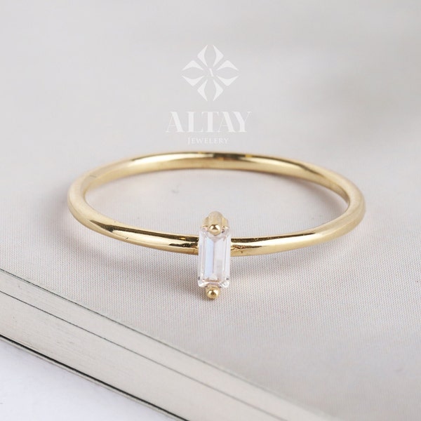 14K Solid Gold Baguette Ring, Stackable Dainty Ring, Minimalist Solitaire Ring, Gift For Her, Vertical Baguette, Engagement Promise ring