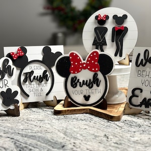 Disney Kids Bathroom Decor/Wash Flush Brush/Boy Girl Sign/ Bathrooom Tiered Tray/Cute Wood Signs/Mini Bathroom Signs