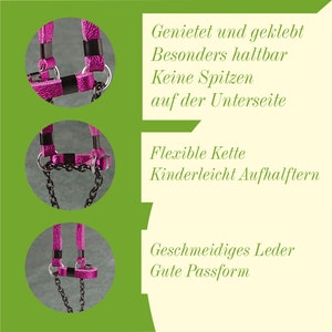 Nahansichten von einem Modellpferde-Halfter aus Leder, die Verarbeitung mit dem Schriftzug: Genietet und geklebt. Besonders haltbar. Keine Spitzen auf der Unterseite.
Nahansicht der Kette: Flexible Kette. Kinderleicht Aufhalftern.