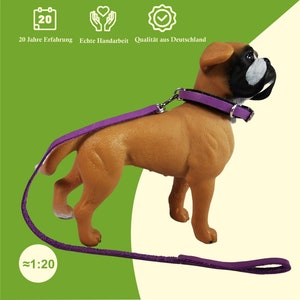 Ein junger Schleich Hund von der Seite, trägt ein Halsband in Violett. An dem Halsband ist eine Leine befestigt. Der Hund ist ein Boxer.