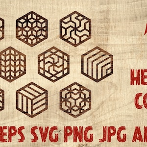 May include: Ten brown hexagon coasters with various geometric designs. The coasters are displayed on a light wood grain background. The number 10 and the words "HEXAGON COASTER" are in red. File formats: DXF EPS SVG PNG JPG AI PDF.