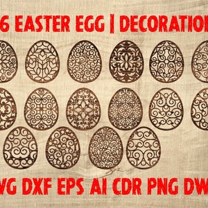 May include: Sixteen wooden Easter egg decorations with detailed cutout patterns, displayed on a light wood grain background. The red text reads "16 EASTER EGG | DECORATION" at the top, with file type abbreviations at the bottom.