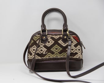 Vintage Crossbody Satchel Kilim Bag, Leather Bag