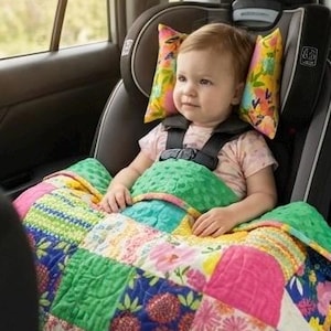 Patchwork Bright Summer Baby or Toddler Quilt with a mini pillow / soft cuddly minky back / one of a kind happy bright quilt