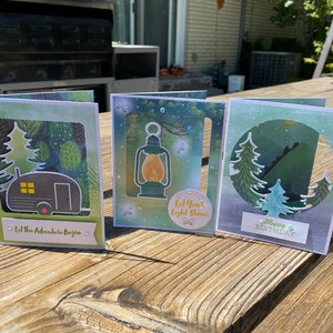 Jeu de 3 cartes / L'aventure commence / Cartes en papier citrouilles Stampin Up / Créations uniques / Une carte de félicitations et deux cartes d'anniversaire / Carte de visite pliée en trois