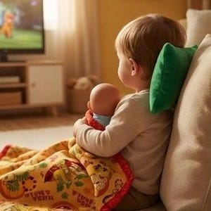 May include: A young child sits on a couch, watching television and holding a doll. The child is wrapped in a yellow blanket with a red border and cartoon characters. A small green pillow supports the child's head.