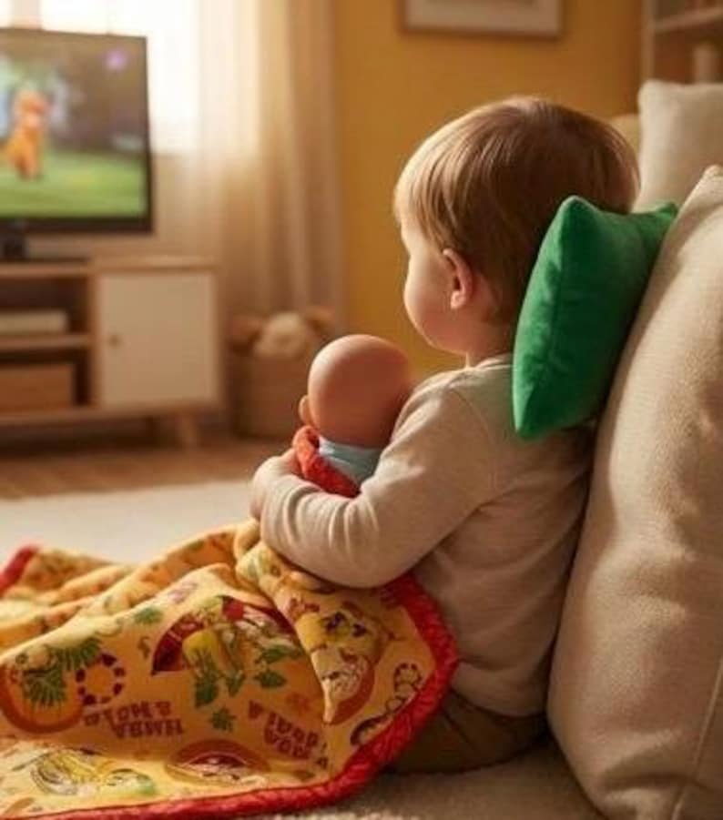 May include: A young child sits on a couch, watching television and holding a doll. The child is wrapped in a yellow blanket with a red border and cartoon characters. A small green pillow supports the child's head.