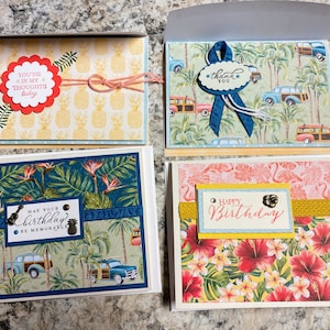 Confezione da 4 biglietti con tema oasi tropicale / carta Stampin Up / 2 biglietti di compleanno / 1 biglietto di ringraziamento / 1 biglietto "sei nei miei pensieri"