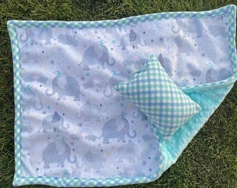 Elefanter och blå fågel Minky babyskydd, mysig eller filt med dockfilt, levereras med liten kudde 22”x17”