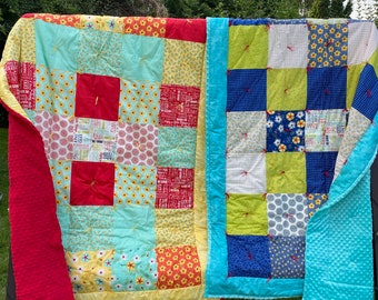 Positive Spring Vibes Hand Tied Patchwork Quilt | Bright Patchwork Quilt with Soft Minky Back | Hand Tied Patchwork Quilt