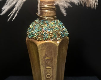 Heavy Painted Special Liqueur Bottle with Beads and Beige Feather