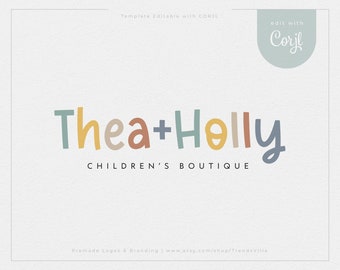 May include: A logo design template for a children's boutique called "Thea+Holly". The logo features a colourful, handwritten font with a light blue, yellow, orange, and beige colour scheme. The text "CHILDREN'S BOUTIQUE" is written below the logo in a smaller font.