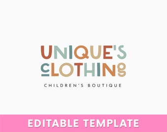 May include: A logo for a children's clothing boutique called "UNIQUE'S CLOTHING". The logo is made up of colorful letters in a variety of shades of brown, orange, blue, and green. The text "CHILDREN'S BOUTIQUE" is written in black below the logo.