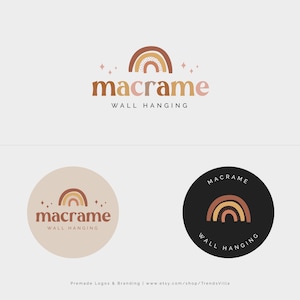 May include: Two logo designs for a macrame wall hanging business. The first logo features a brown and orange rainbow with white dots and stars. The second logo features the same rainbow on a black circle with the text "MACRAME" in white.
