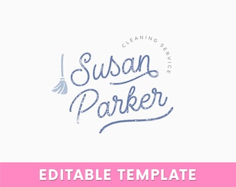 May include: A blue and white logo for a cleaning service called "Susan Parker Cleaning Service". The logo features a stylized broom and the text is in a handwritten font.