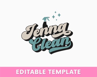 May include: A cleaning service logo with the text "Jenn Clean" in a retro style font. A blue spray bottle with a starburst is above the text.