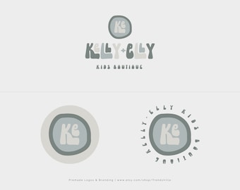以下が含まれることがあります： 「Kelly + Cly Kids Boutique」という子供服ブティックのロゴデザイン。ロゴは円の中にスタイリッシュな「Ke」が描かれており、ブティックの名前はレトロなフォントで書かれています。