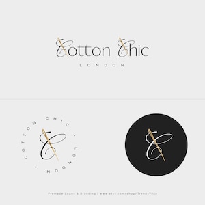 Könnte beinhalten: Ein Logo für ein Unternehmen namens "Cotton Chic London". Das Logo zeigt einen stilisierten Buchstaben "C" mit einer Nadel und einem Faden, die durch ihn hindurchgehen. Das Logo ist in Schwarz und Gold gehalten.