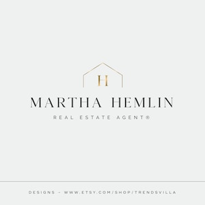 Pode incluir: Um design de logotipo minimalista com um ícone de casa dourado com a letra "H" dentro, o texto "MARTHA HEMLIN" e as palavras "REAL ESTATE AGENT®".