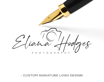 Könnte beinhalten: Ein schwarz-weißes Signatur-Logo-Design für ein Fotogeschäft namens "Eliana Hodges Photography". Das Logo zeigt ein stilisiertes Kamerasymbol und eine handschriftliche Signatur.
