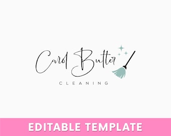 May include: Editable logo template for a cleaning service called "Carol Butter Cleaning". The logo features a handwritten script font and a stylized broom with stars.