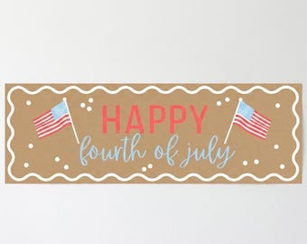 May include: A rectangular sign with a brown background and a white, wavy border. The sign features two American flags and the text "HAPPY fourth of july" in red and blue script. White dots are scattered around the text.