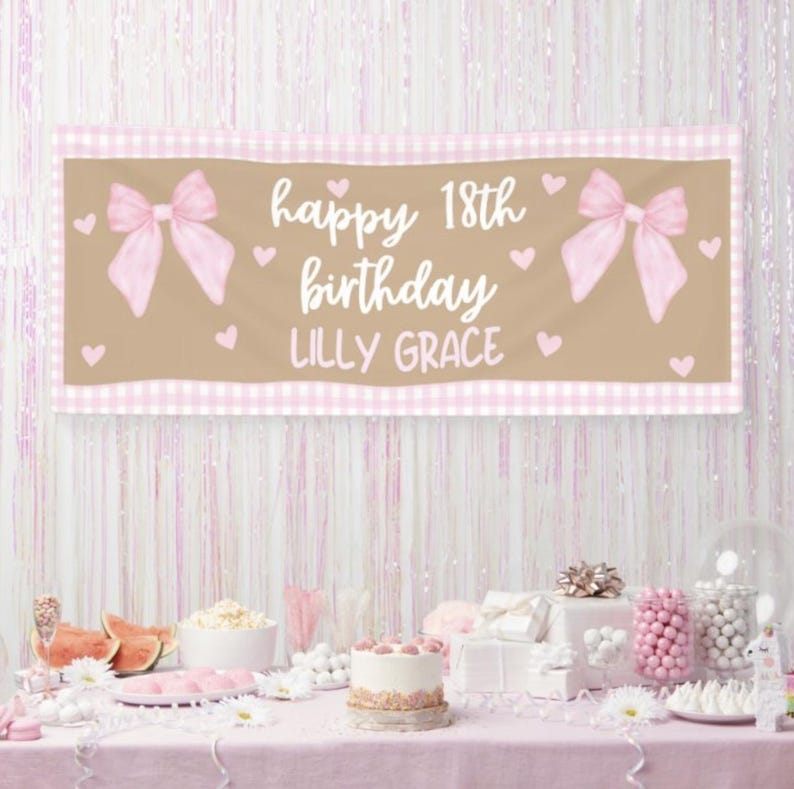 May include: A banner with the text "happy 18th birthday Lilly Grace" in white script. The banner has a tan background with pink bows and hearts. The border is pink and white checkered. The banner is part of a party scene.