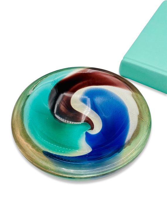 Vintage Turquoise, Cobalt Blue and Purple Swirl Murano Style Glass Catchall Bowl