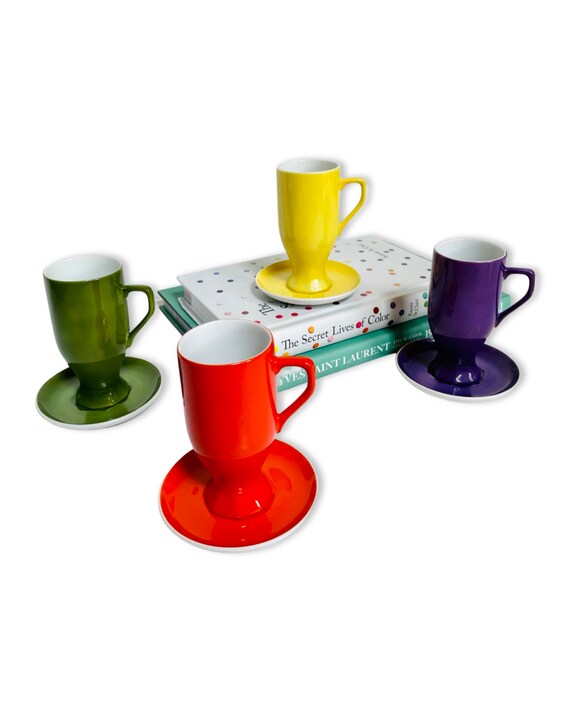 Set of 4 Vintage Colorful Rainbow Espresso Cups and Saucers