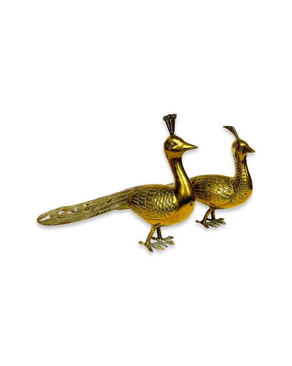 Pair of Extra Large Vintage Solid Brass Peacock Birds