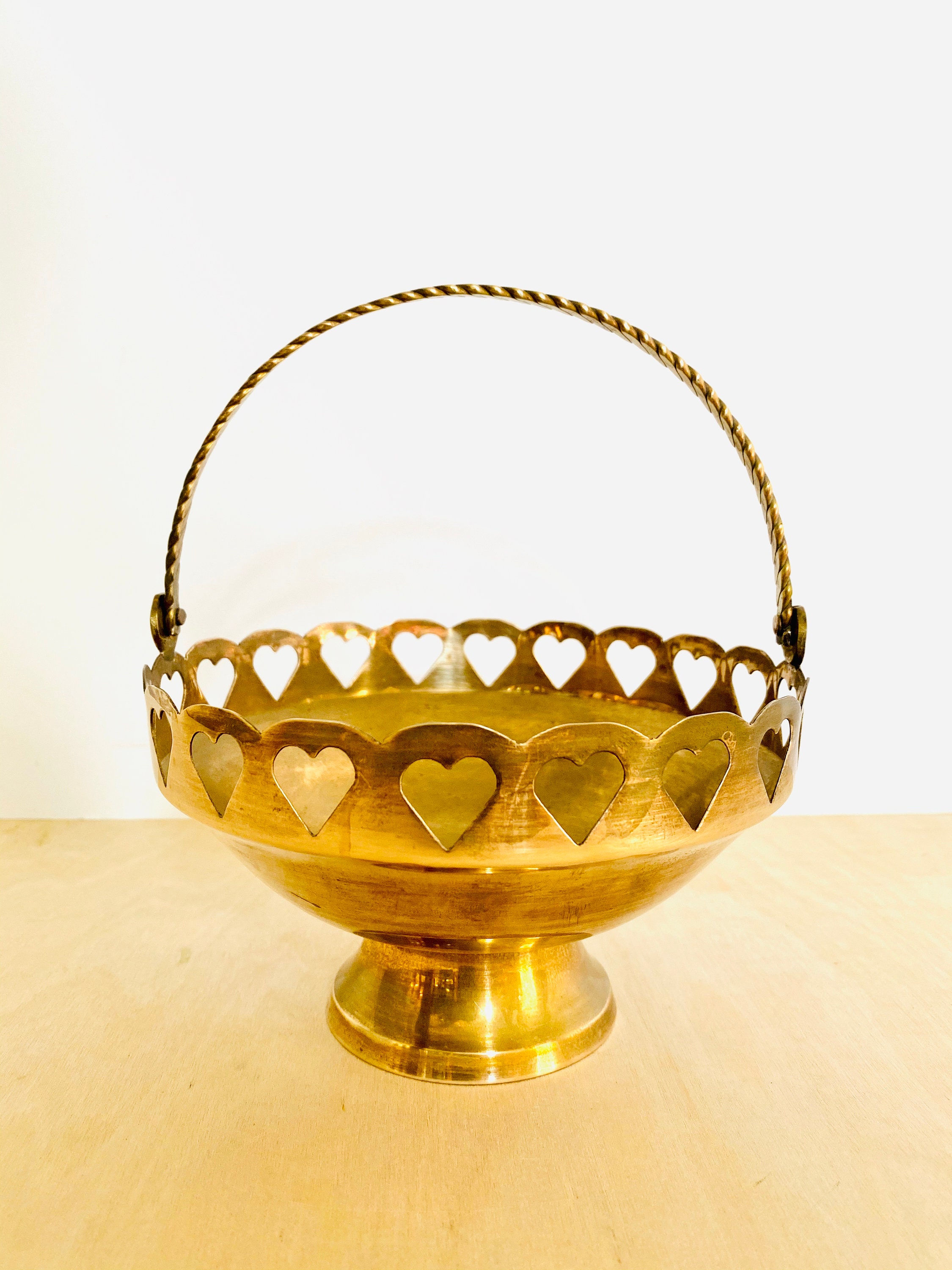 Vintage MidCentury Heart Detailed Brass Bowl Basket with Handle