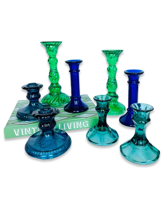 Set of 8 Mix & Match Vintage Blue and Green Glass Candlesticks