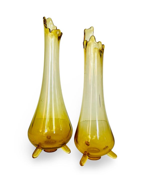 Vintage Mid-Century LE Smith 3 Toe Footed Amber Swung Glass Vase