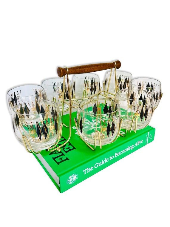 Vintage Mid-Century Modern Federal Harlequin Diamond Roly Poly Glasses with Caddie – 9 Piece Set
